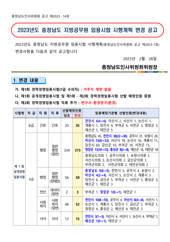 2023년도 충청남도 지방공무원 임용시험 임용시험 시행계획 변경 공고.png